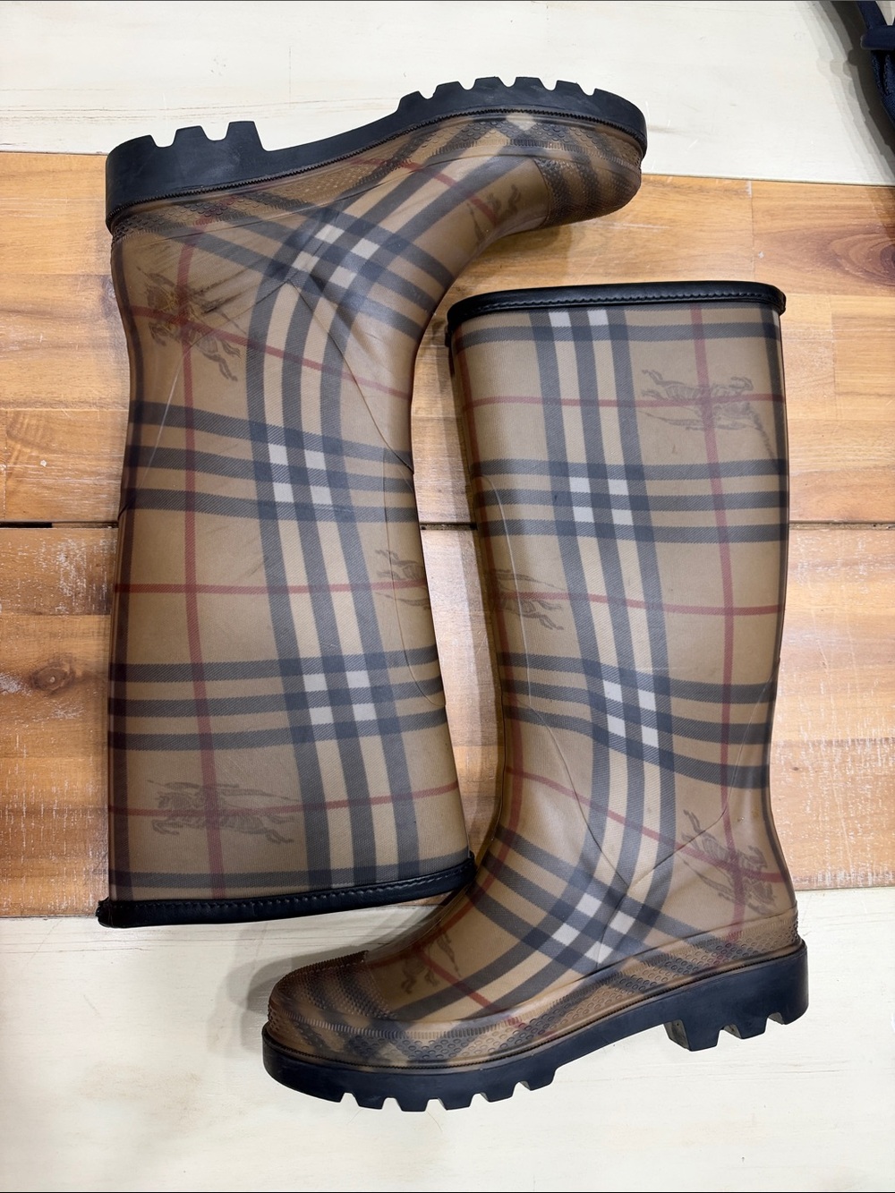 Authentic Burberry Tan Plaid Knee-High Rain Boots - Picture 2 of 11